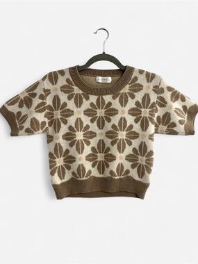 KNIT MIX Retro Style Floral Short Sleeve Cropped Sweater